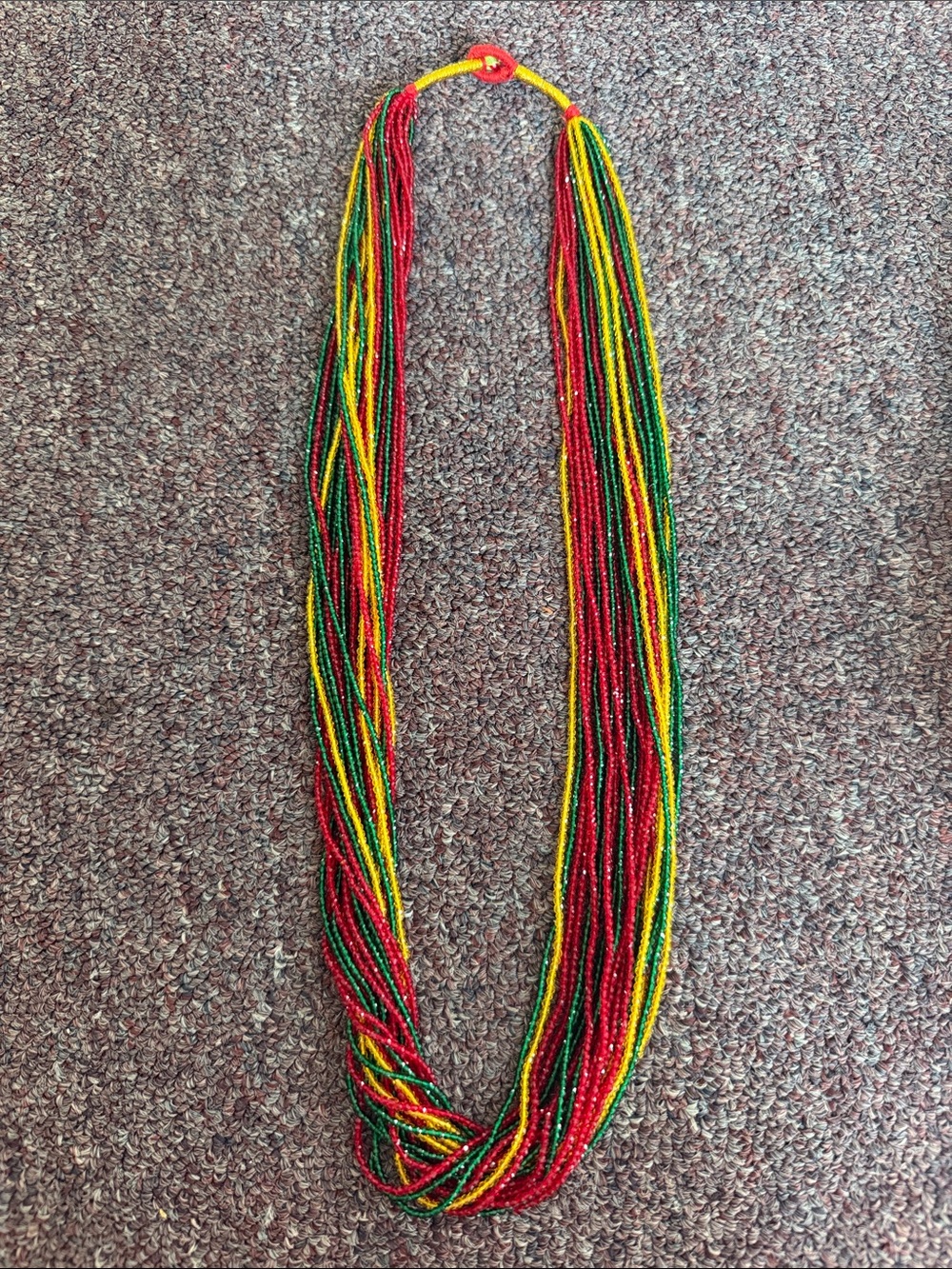 Multi-Strand Red Green Yellow Seed Bead Necklace